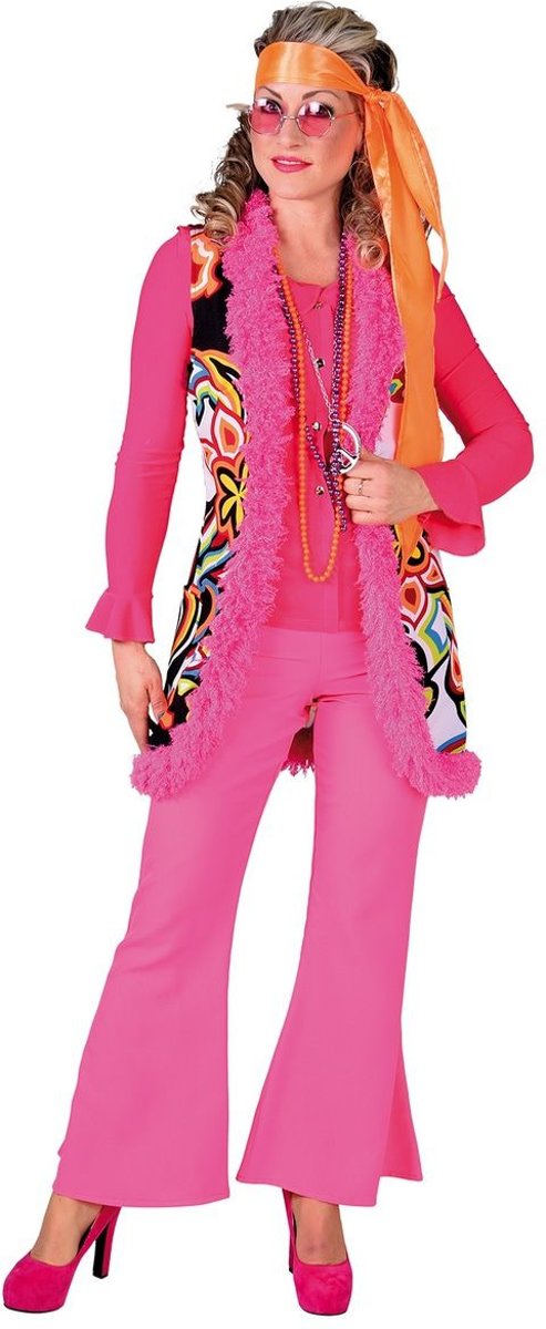 Hippie Kostuum | Hippie Vest Lang Flamingo Bont Vrouw | Medium / Large | Carnaval kostuum | Verkleedkleding